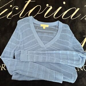 Michael Kors Light Blue Open-Knit V-Neck Sweater